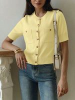 Elegant Button Pockets Short Sleeve Casual Knitted Cardigan Sweater