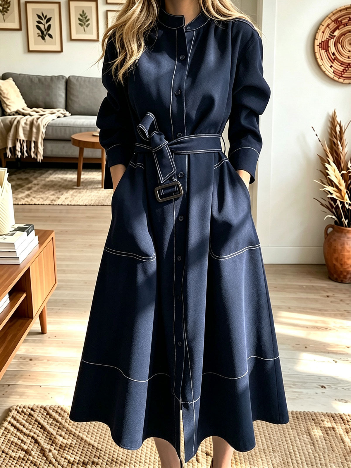 Women Stand Collar Contrast Stitch Belted Long Sleeve Shirt Midi Dress