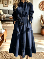 Women Stand Collar Contrast Stitch Belted Long Sleeve Shirt Midi Dress
