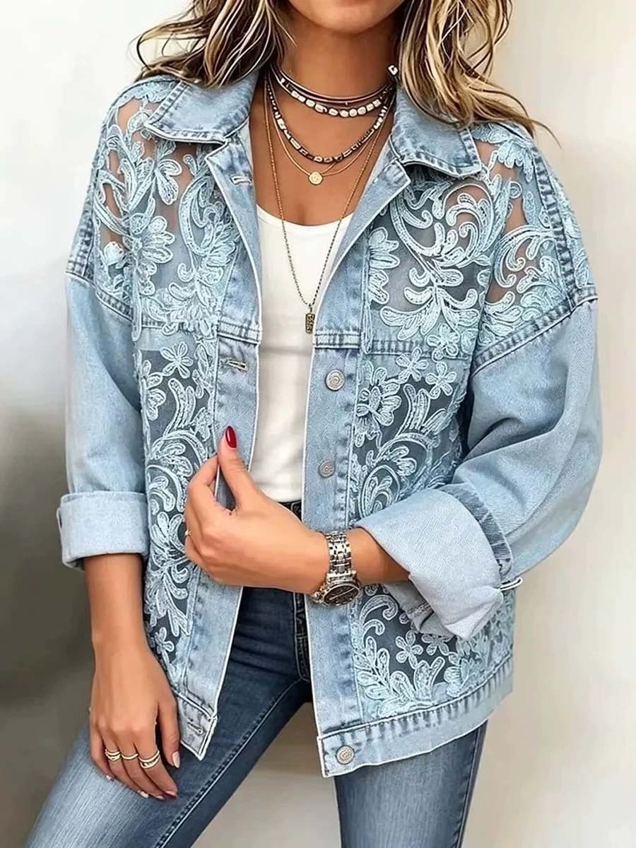 Retro Floral Lace Patchwork Long Sleeve Lapel Casual Stylish Denim Coat