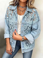 Retro Floral Lace Patchwork Long Sleeve Lapel Casual Stylish Denim Coat