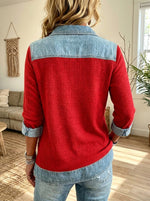 Women Waffle Knit Denim Patchwork Henley Top Lapel Long Sleeve Loose Blouse