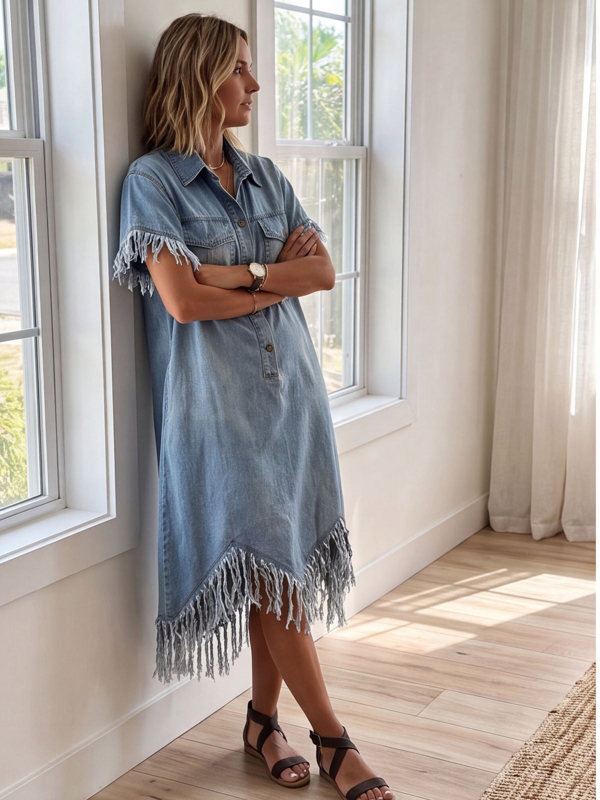 Women's Frayed Tassel Hem Short Sleeve Denim Shirt Dress With Pockets