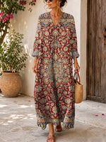 Retro Ethnic Floral Pattern Art Print Casual V-neck Long Sleeve Cotton Linen Maxi Dress