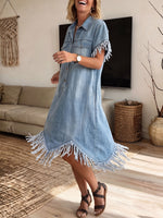 Women's Frayed Tassel Hem Short Sleeve Denim Shirt Dress With Pockets