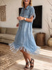 Women's Frayed Tassel Hem Short Sleeve Denim Shirt Dress With Pockets