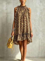 Retro Leopard Pattern Art Casual Ruffle Stylish Cotton Linen Dress