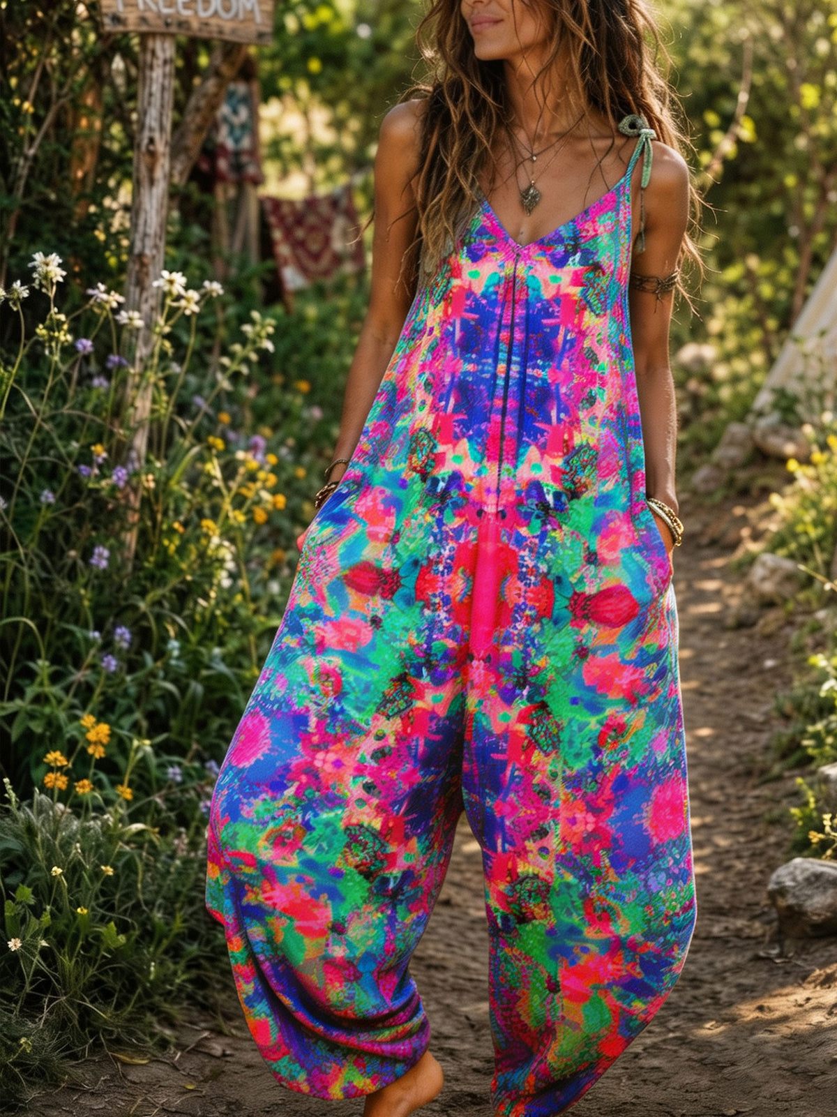 Women’s Colorful Abstract Watercolor Print Spaghetti Strap Boho Harem Jumpsuit With Pockets