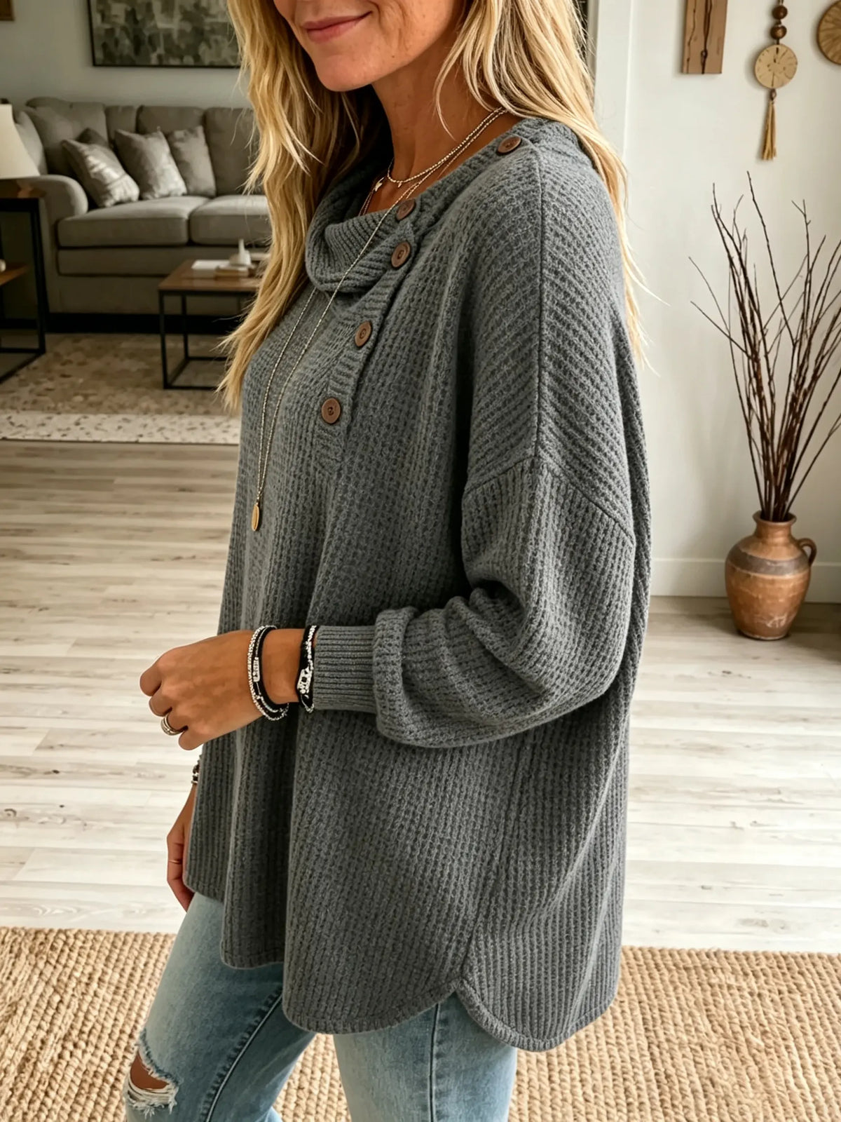 Women's Button Detail Waffle Knit Cowl Neck Top