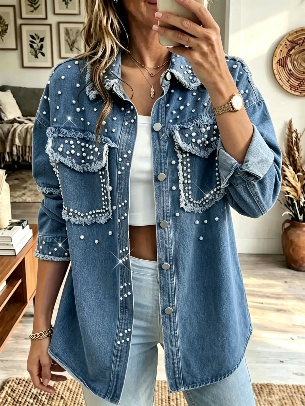 Women's Pearl Studded Frayed Denim Shirt Jacket