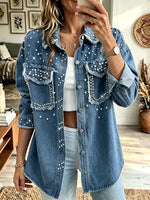 Women's Pearl Studded Frayed Denim Shirt Jacket