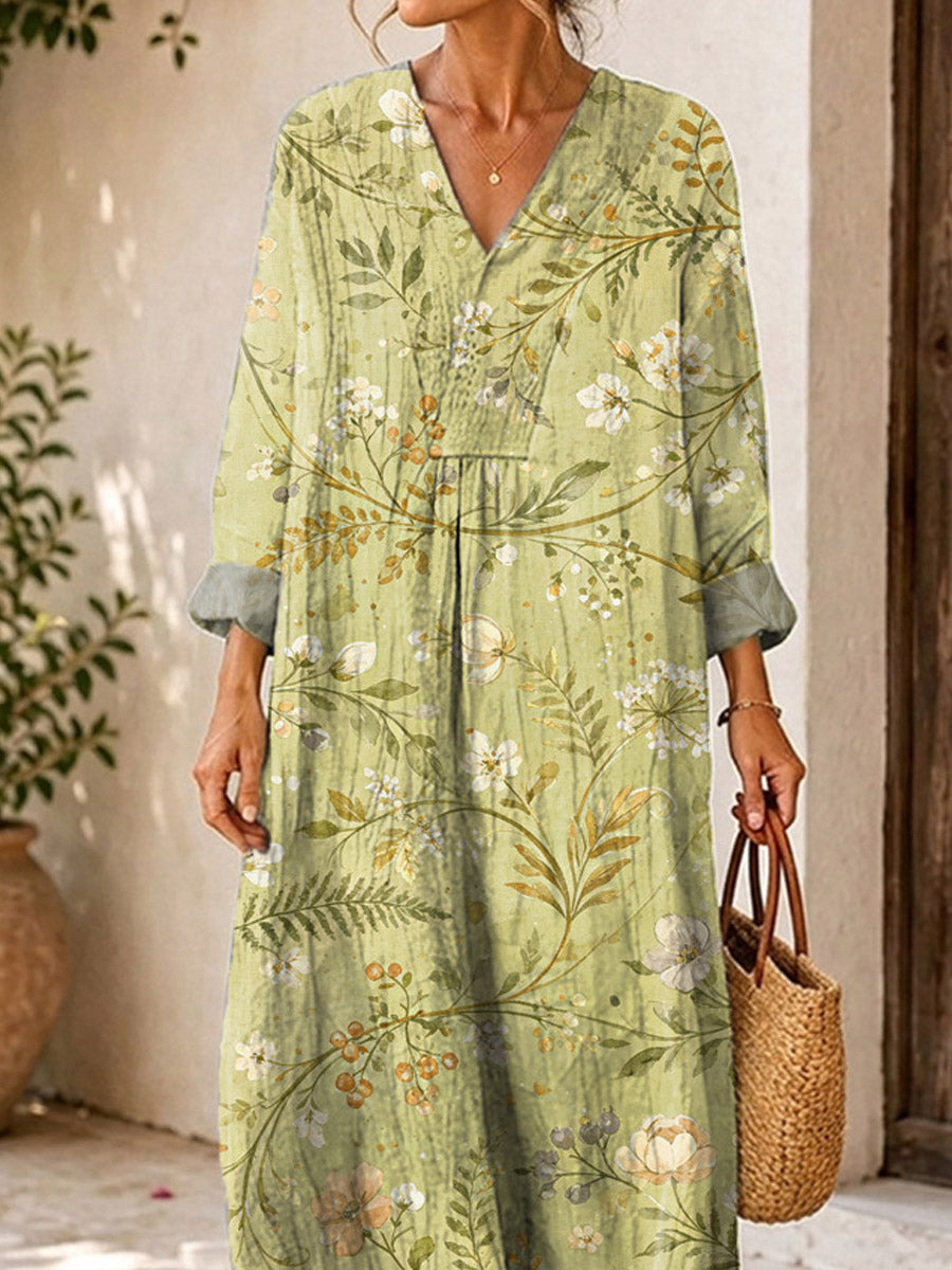 Retro Floral Pattern Art Print Casual V-neck Long Sleeve Cotton Linen Maxi Dress