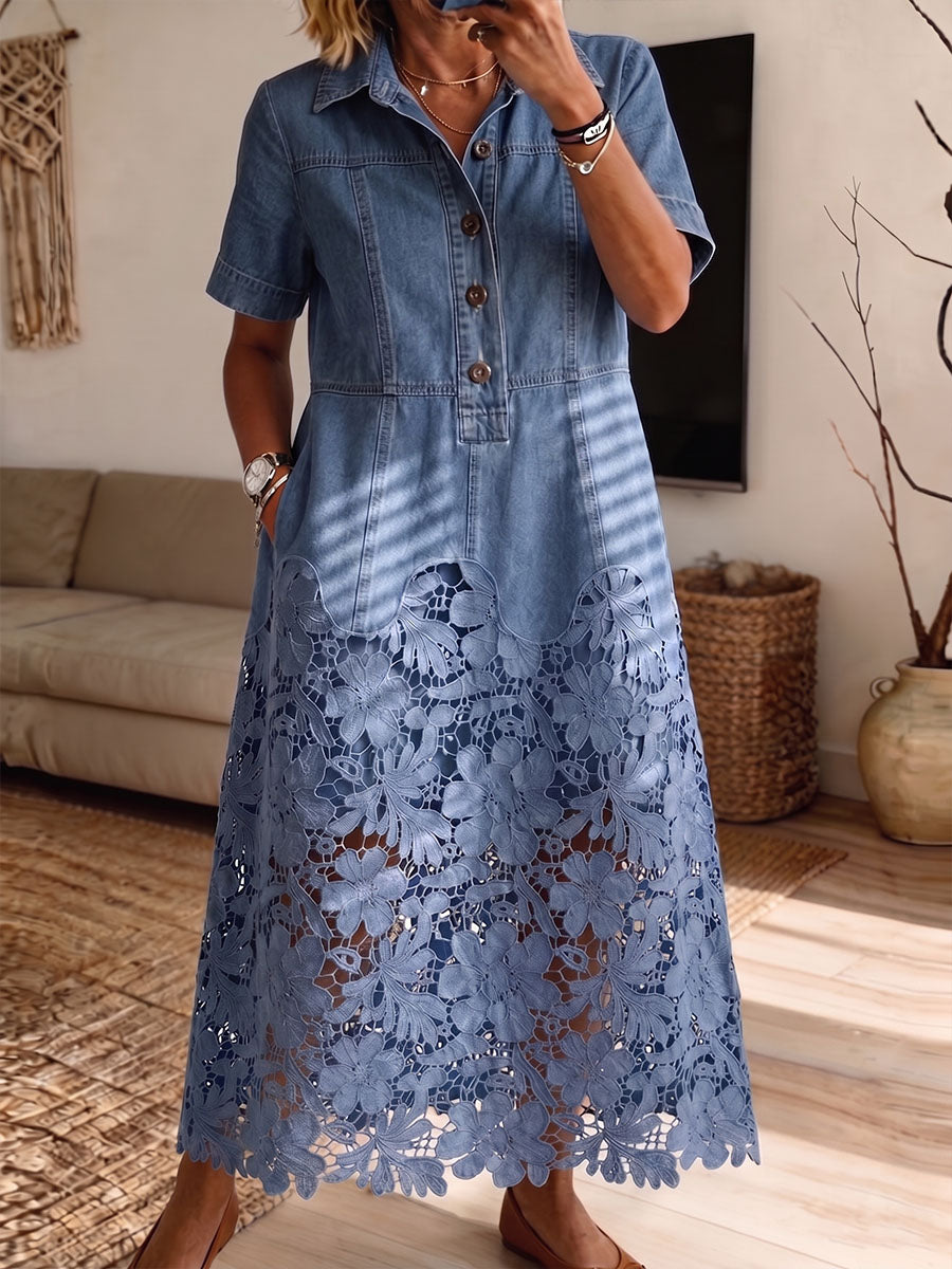 Vintage Elegant Hollowed Out Lace Patchwork Denim Dress