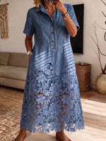 Vintage Elegant Hollowed Out Lace Patchwork Denim Dress