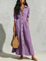 Retro Elegant Lapel Art Button Casual Long Sleeve Stylish Long Dress