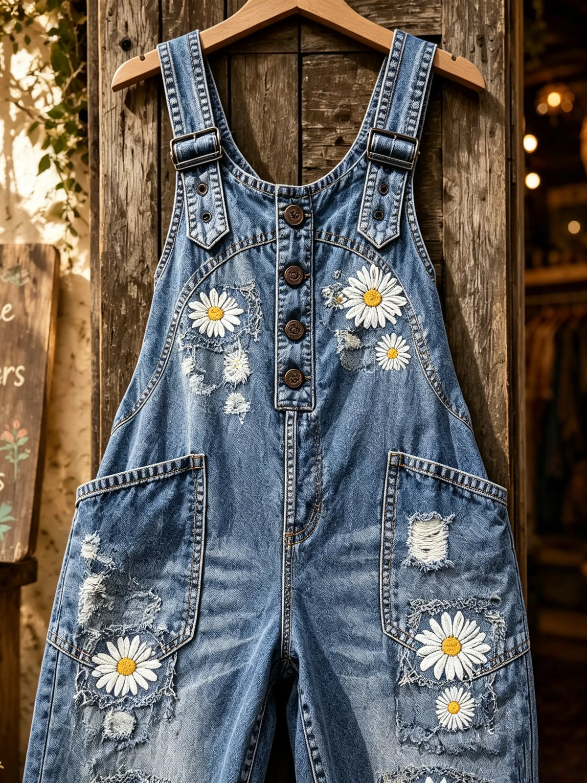 Women's Distressed Daisy Floral Washed Denim Print Loose Cuffed Overalls