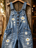 Women's Distressed Daisy Floral Washed Denim Print Loose Cuffed Overalls