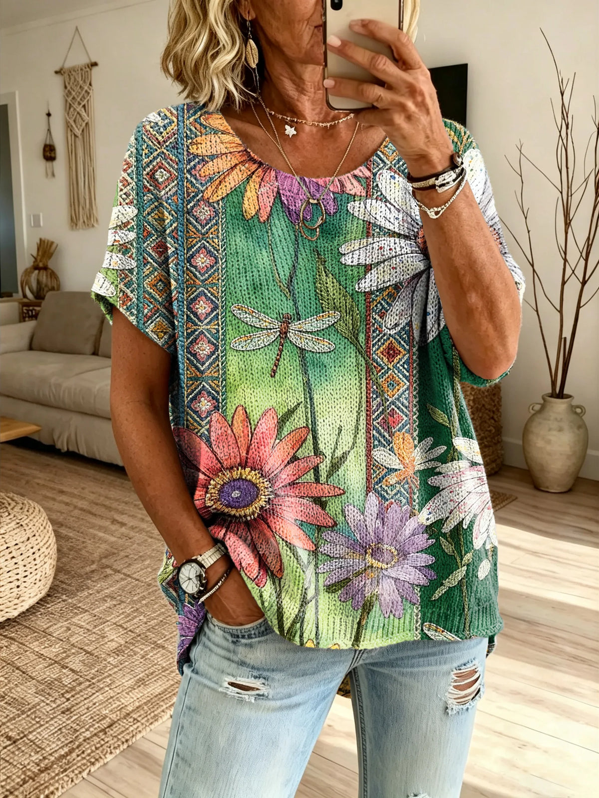 Women's Green Base Dragonfly Daisy Ethnic Geometric Print Crew Neck Loose Short Sleeve Top