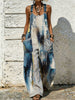 Women's Abstract Oil Painting Print Adjustable Strap Wide Leg Cotton Overalls