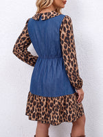 Vintage Elegant Denim Patchwork Leopard Print Ruffled Dress