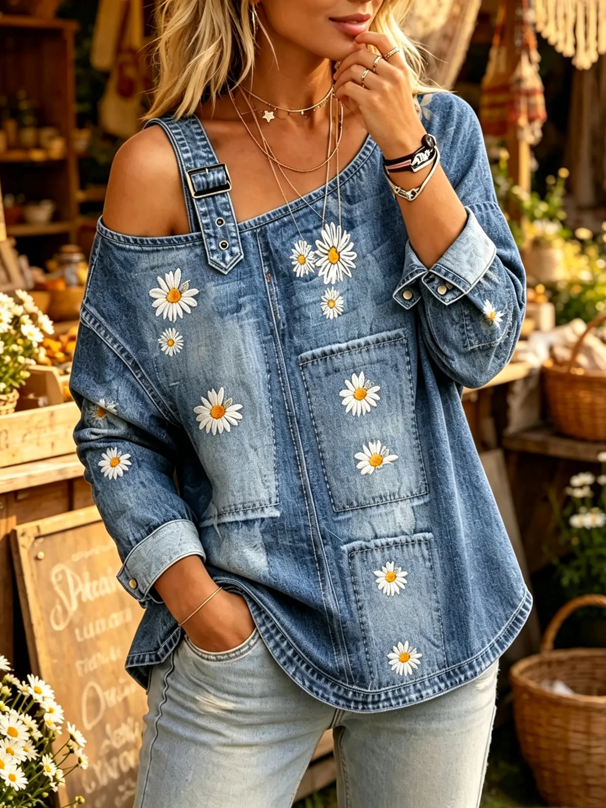 Women Daisy Print Asymmetric Off Shoulder Denim Long Sleeve Top