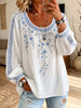 Women’s Blue Floral Embroidered Scoop Neck Puff Long Sleeve Blouse