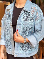 Retro Floral Lace Patchwork Long Sleeve Lapel Casual Stylish Denim Coat