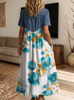 Women’s Denim Spliced Blue Gold Floral Print Midi Shirt Dress With Pockets