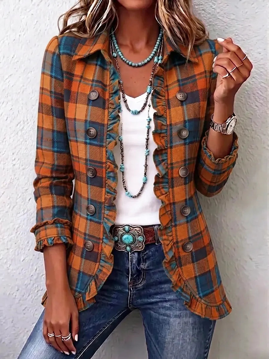 Retro Plaid Pattern Art Print Ruffle Casual Stylish Cotton Lapel Coat