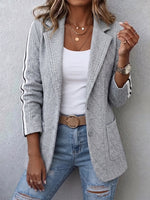 Women Cable Knit Blazer Jacket Notched Lapel Side Stripe Open Front Cardigan Coat With Pockets