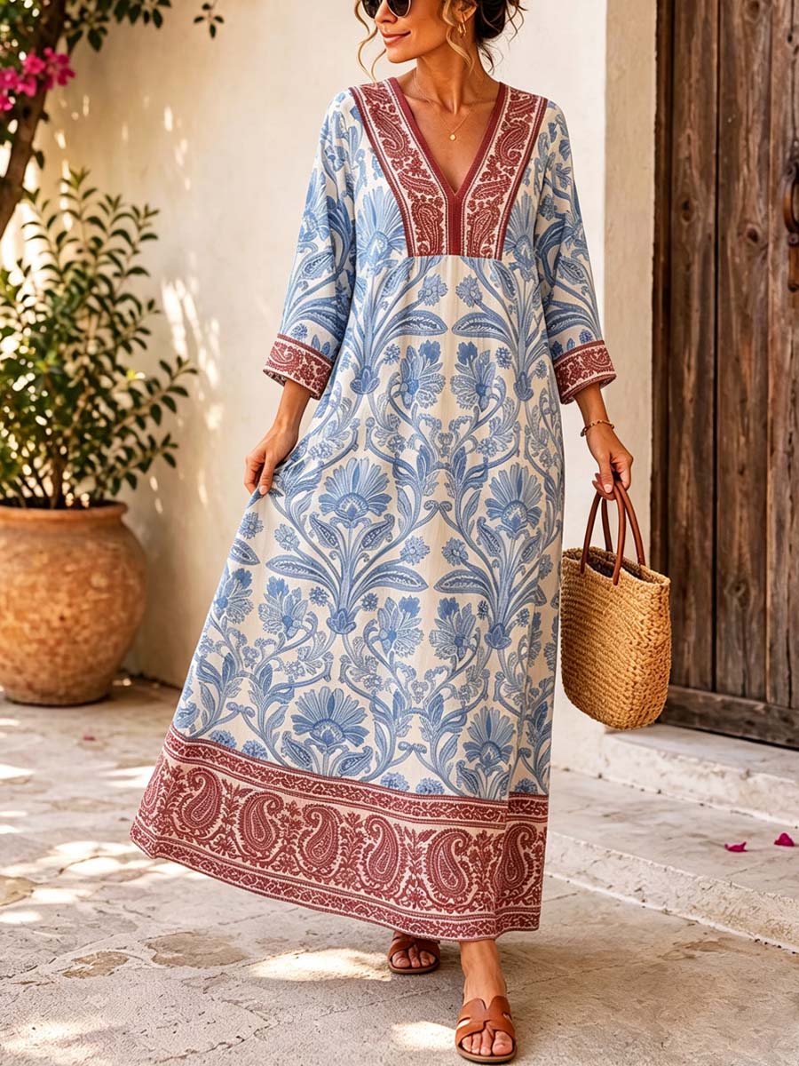 Retro Floral Pattern Art Print Casual V-neck Cotton Linen Maxi Dress