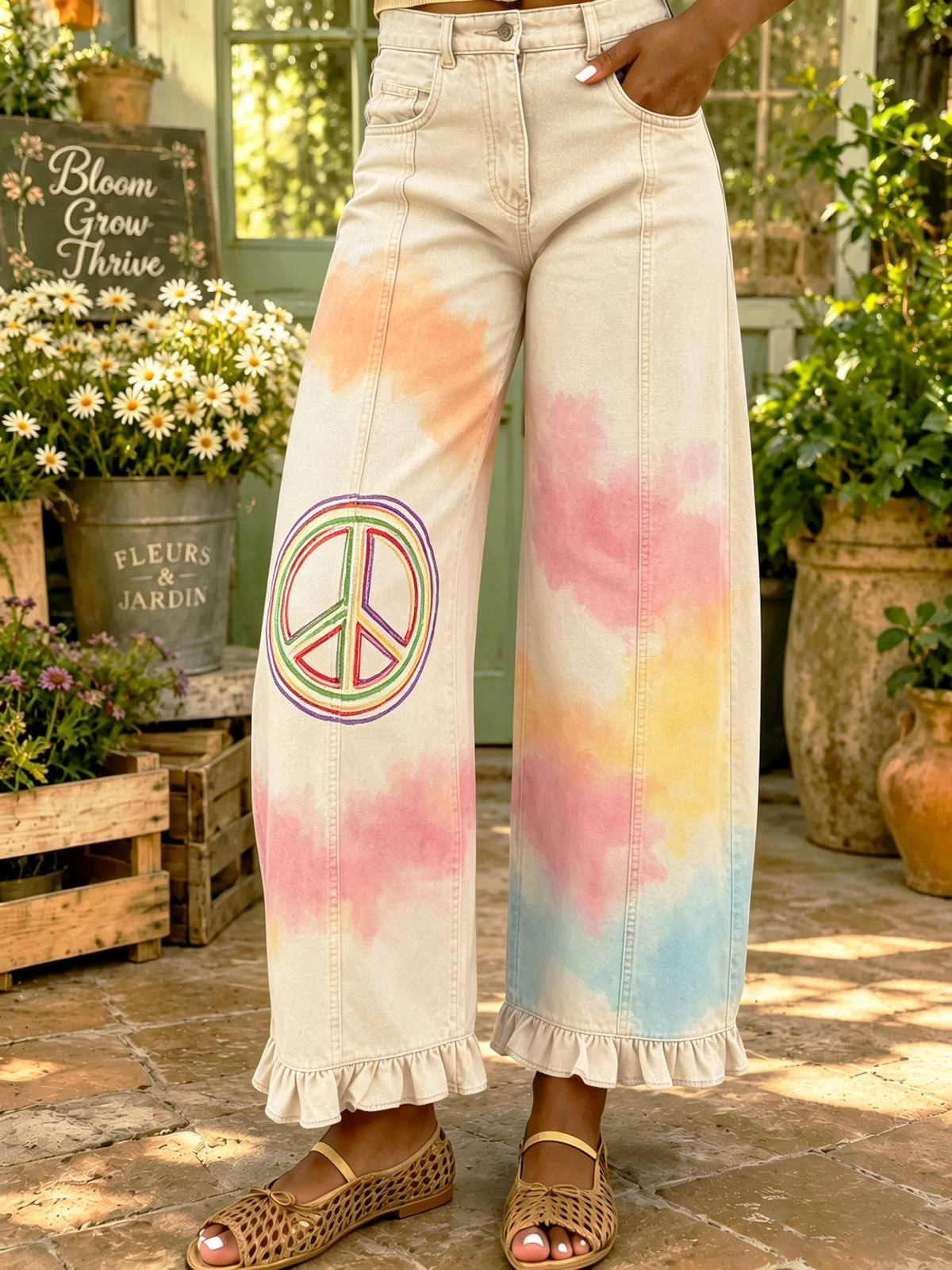 Women's Tie-Dye Peace Print Ruffled Pants