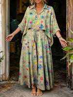 Women's Cute Colorful Butterfly Floral Print Oversized Shirt & Wide Leg Pants Boho 2 Piece Set