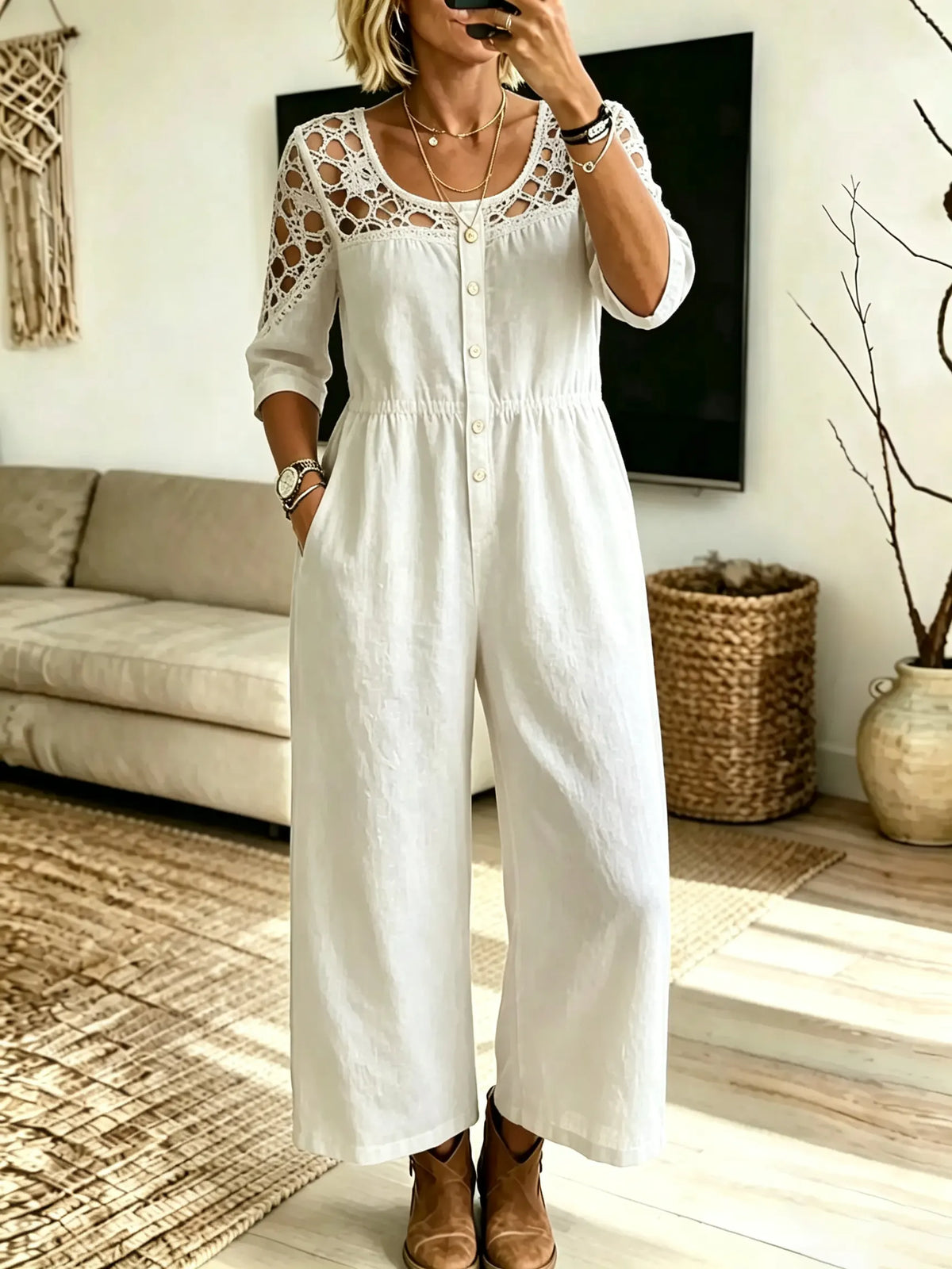 Women's Solid Hollow Spliced Wide Leg Jumpsuit