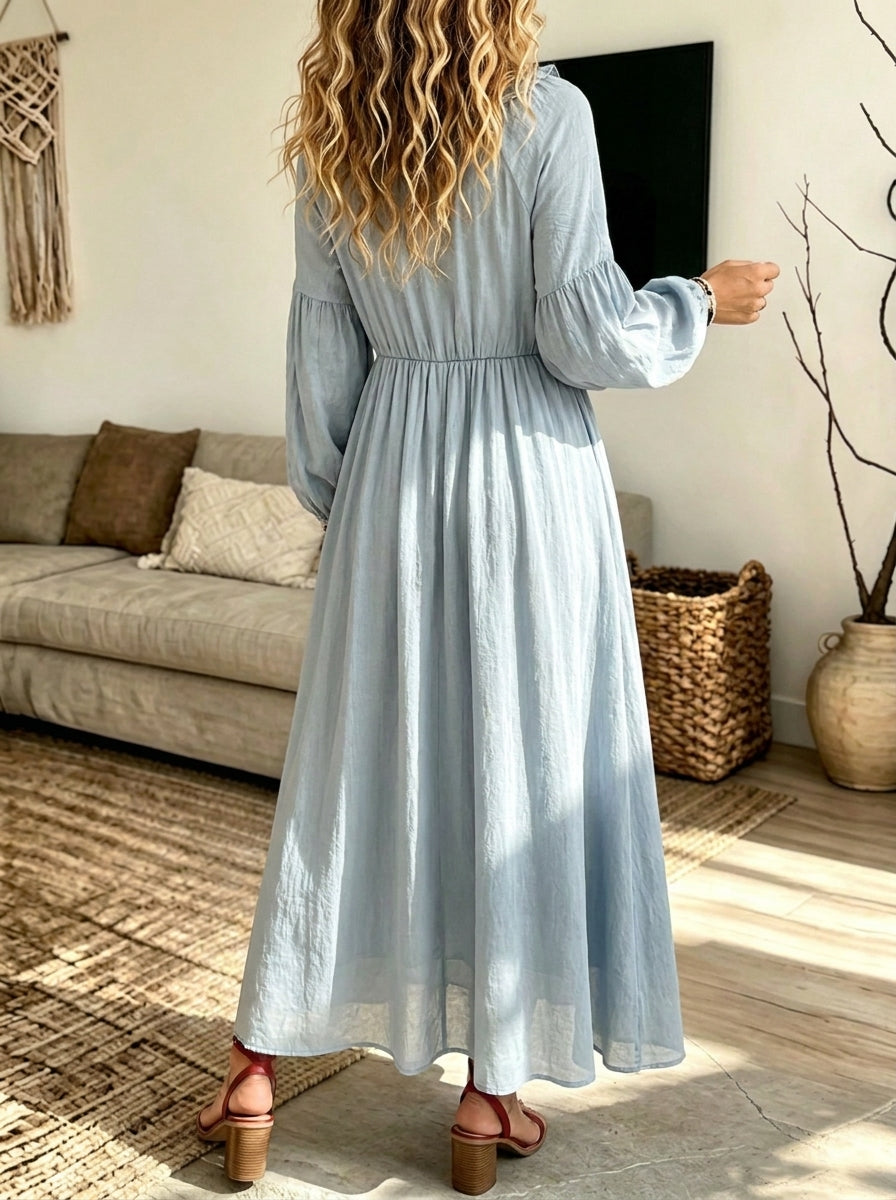 V Neck Ruffle Lantern Sleeve Flowy Midi Linen Blend Dress