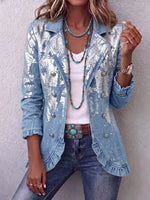 Vintage Elegant Shiny Denim Patchwork Ruffled Buttons Jacket