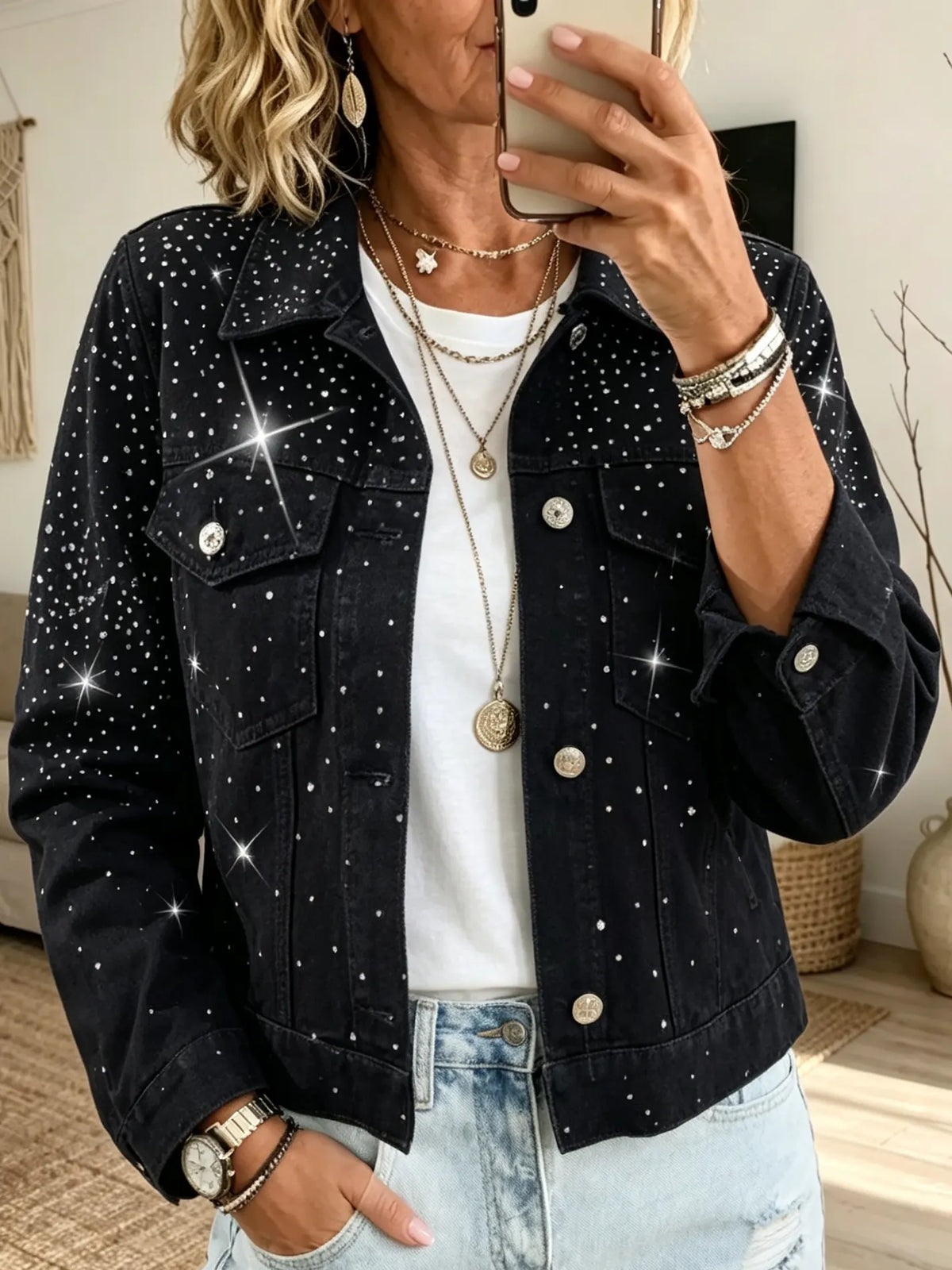 Women's Rhinestone Studded Black Denim Jacket