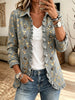 Women Vintage Bird Floral Print Ruffle Lapel Button Jacket