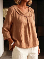 Elegant Round Collar Stylish 3/4 Sleeve Art Casual Cotton Linen Shirt