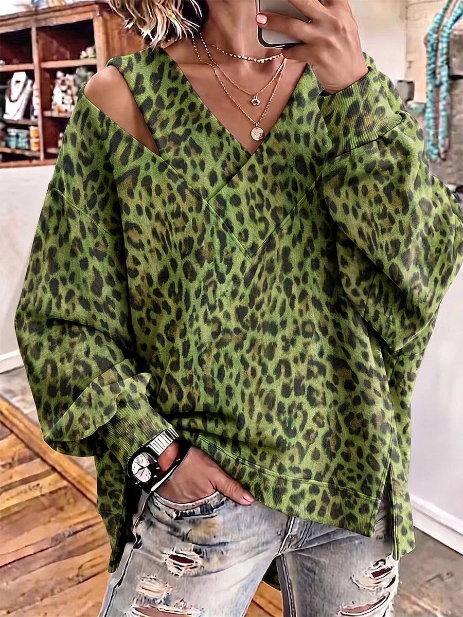 Women Green Leopard Print Cold‑Shoulder V‑Neck Long Sleeve Sweatshirt