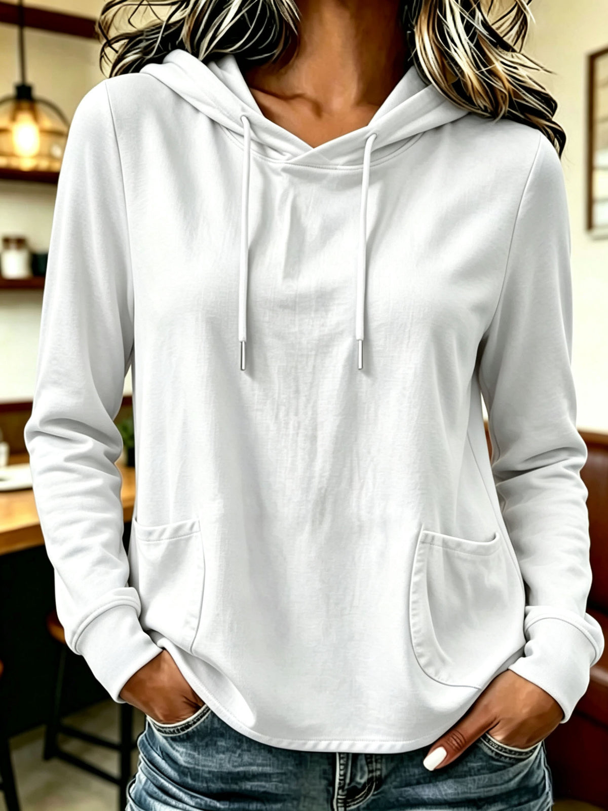 Women Solid Color Drawstring Hooded Long Sleeve Top With Pockets