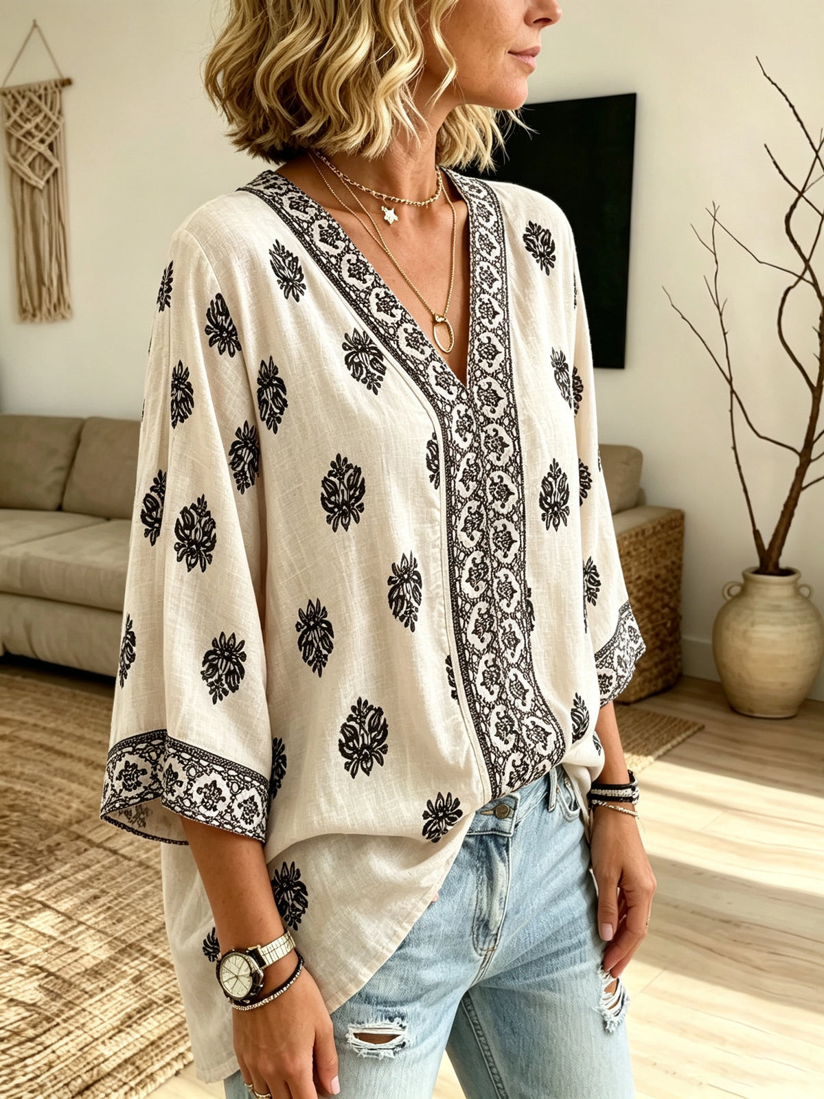 Women's Tribal Border V-Neck Blouse