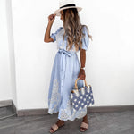 Women Eyelet Embroidery Belted Shirt Midi Dress With Puff Sleeves