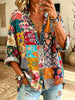 Women’s Colorful Floral Patchwork Ruffle Collar Loose Button Down Blouse