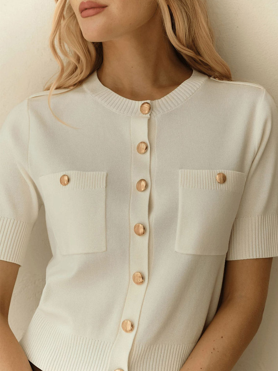 Elegant Button Pockets Short Sleeve Casual Knitted Cardigan Sweater