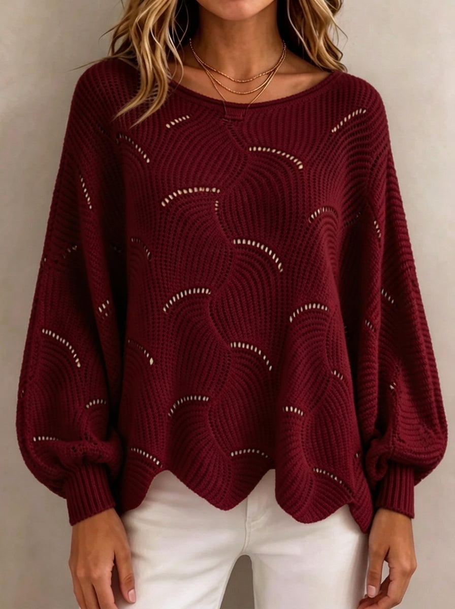 Women Hollow‑Out Wave Knit Sweater Loose Lantern Long Sleeve Casual Pullover Top