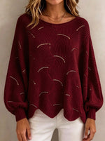 Women Hollow‑Out Wave Knit Sweater Loose Lantern Long Sleeve Casual Pullover Top