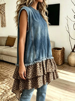 Women's Sleeveless Denim Leopard Tiered Dress