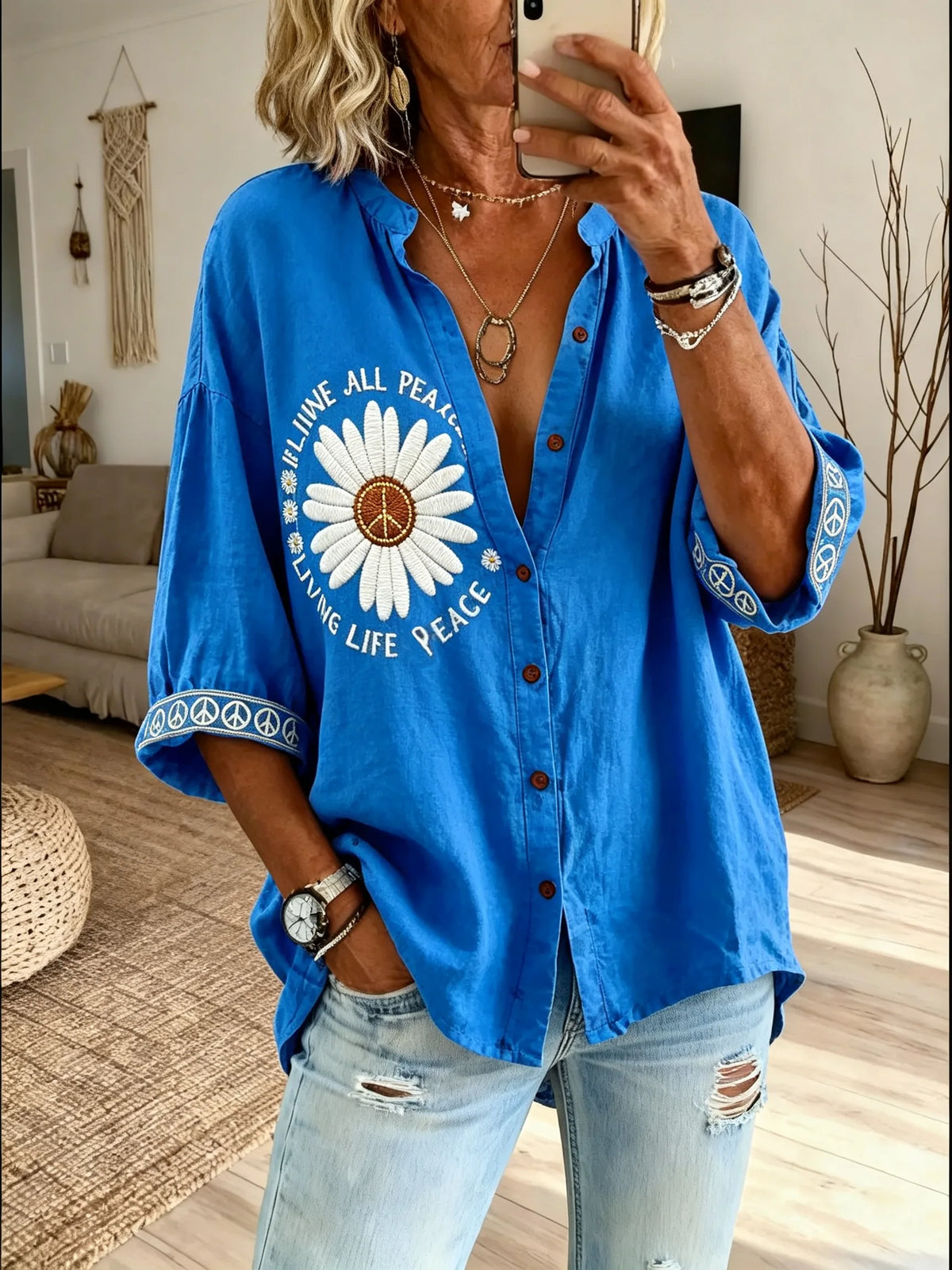 Women’s Blue Daisy Peace Print Shirt