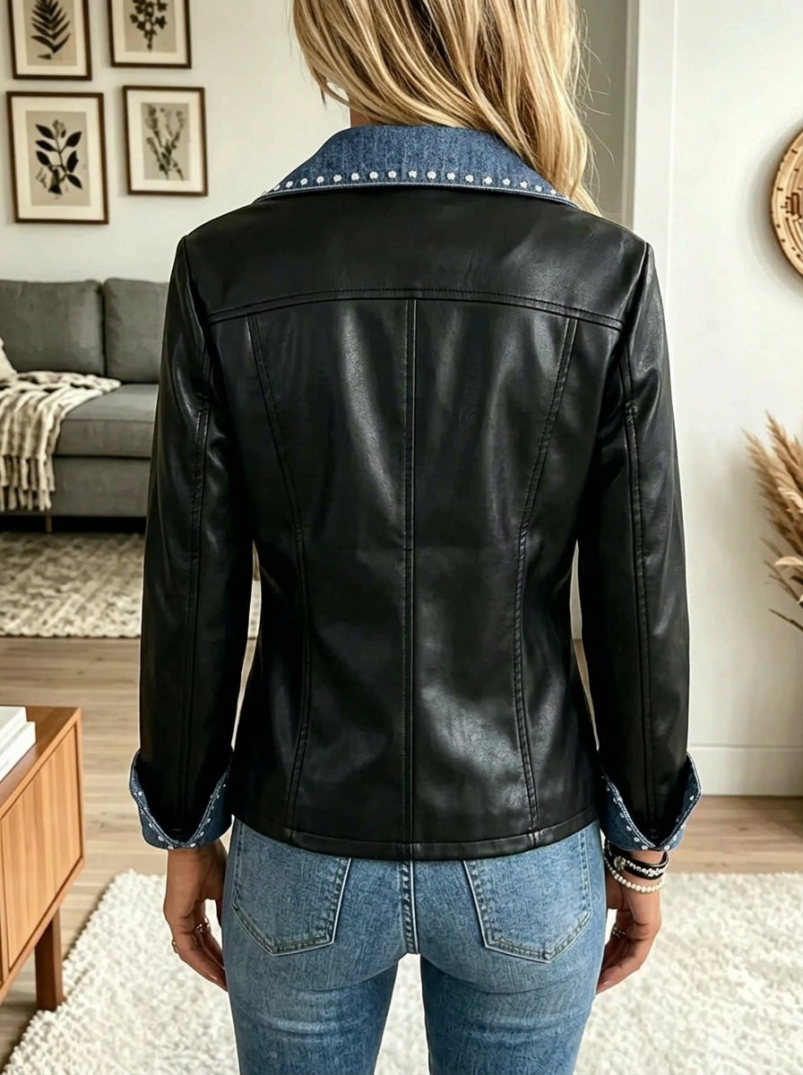 Women's Studded Denim Lapel Leather Jacket